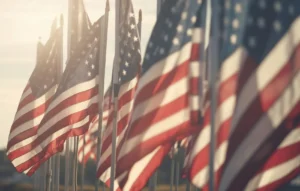 American flags waving in the sunshine
